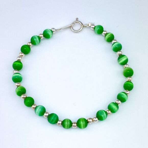 New Women's Sterling Silver 925 Green Synthetic Cat's Eye Beaded Bracelet 7" - Picture 1 of 4